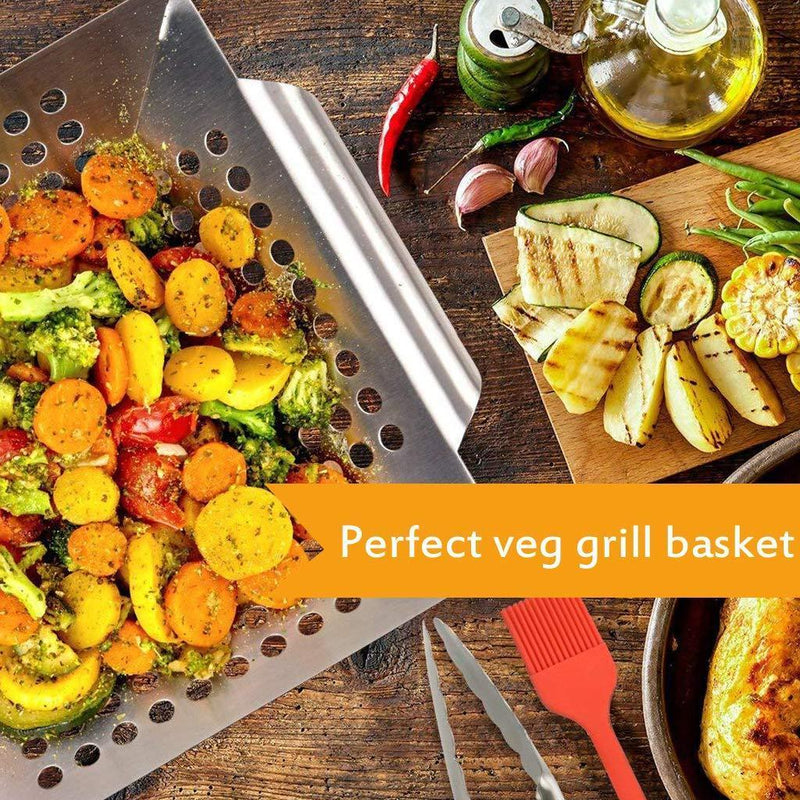 SMAID Vegetable Grill Basket - Large Stainless Steel Veg Grill Basket Works On Gas Wok Or Smoker-BBQ Accessories Stir Fry Grilling Fish, Seafood, Kabob, Pizza, Veggies & Fruit-Outdoor Campfire Use