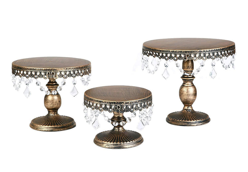 VILAVITA 3-Set Antique Cake Stand Round Cupcake Stands Metal Dessert Display with Pendants and Beads, Gold