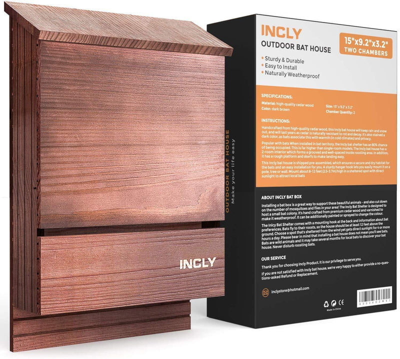 INCLY Bat House Kit for Outdoors 15"x9.2"x3.2" Shelter Box Double Chamber Dark Natural Cedar Wood, Pre-Finished Easy to Install