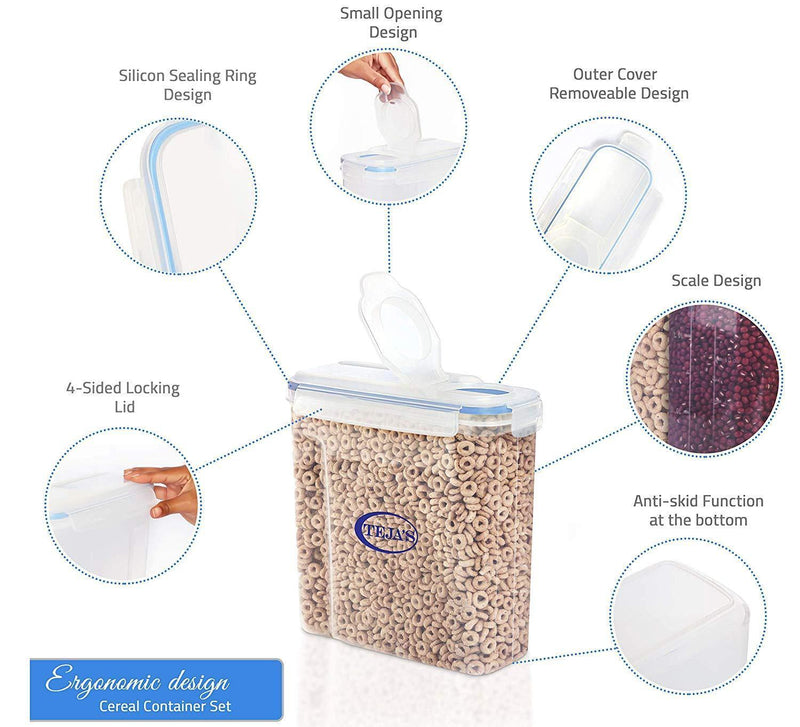 Cereal Food Storage Containers by Teja’s - Airtight Plastic Dry Food Storage Savers for Sugar, pulses, Nuts, Snacks with BPA Free 4 Side Locking System