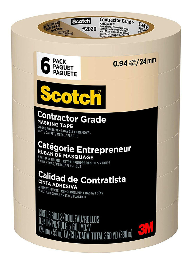 Scotch Contractor Grade Masking Tape, 0.94 inches x 60.1 yards (360 yards total), 2020, 6 Rolls