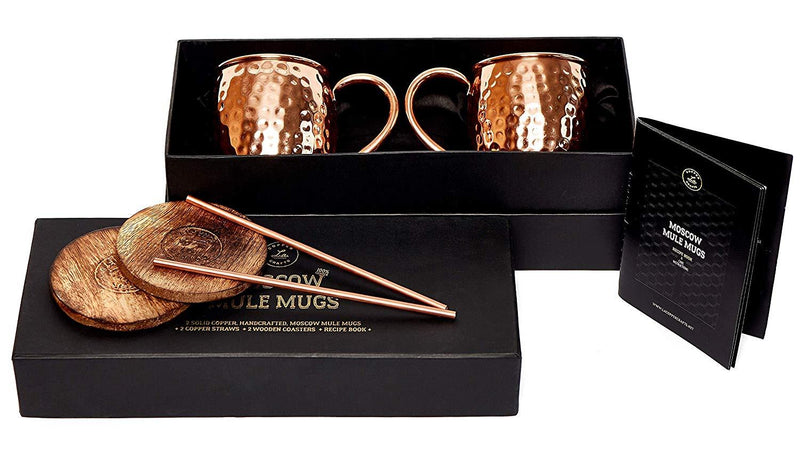 Moscow Mule Copper Mugs Set - 2 Authentic Handcrafted Copper Mugs (16 oz.), 2 Straws, 2 Solid Wood Coasters and Recipe Book - Gift Box Included