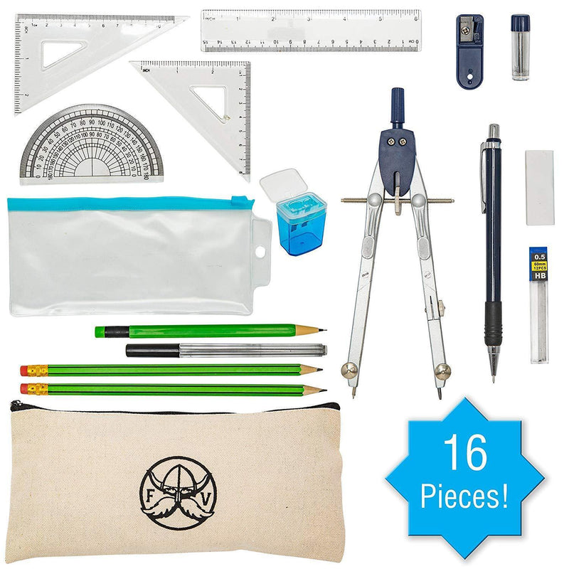 Protractor and Compass Set with Ruler, Set Square, Protractor, Compass for Geometry, Pencils, Pencil Case, Mechanical Pencil, Pencil Sharpener, Eraser and Lead