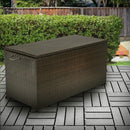 Outdoor Patio Wicker Storage Box - Resin Rattan Pool Storage Box with Lid, Garden Deck Bin, Multi-Purpose Furniture & Organizer with wheels & Container for Gardening Tools, Cushions, Pool Accessory