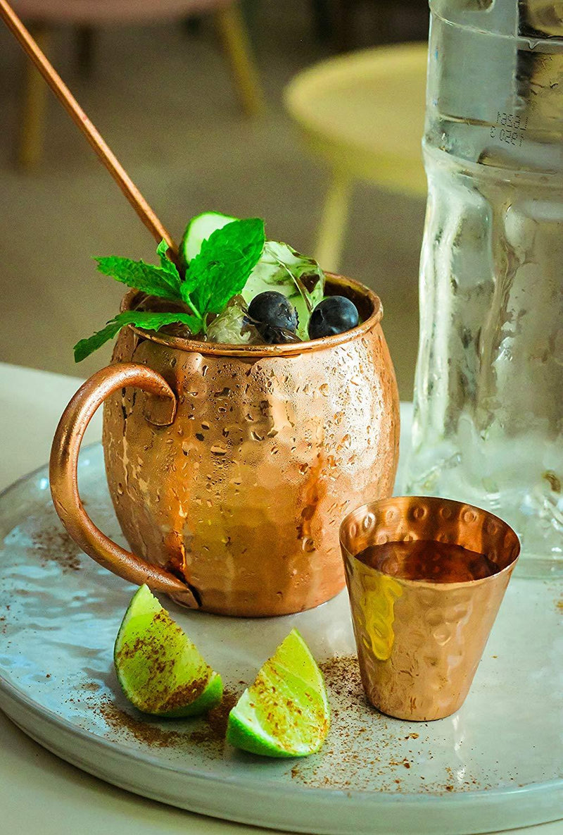 Moscow Mule Copper Mugs Set - 2 Authentic Handcrafted Copper Mugs (16 oz.), 2 Straws, 2 Solid Wood Coasters and Recipe Book - Gift Box Included