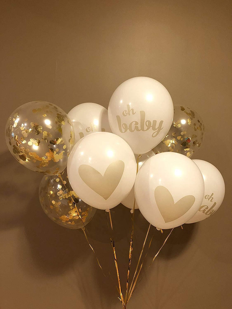 Baby Shower Decorations Neutral Decor Strung Banner"Oh" and"Baby" & 9PC Balloons w/Ribbon [Gold, Confetti, White] Kit Set by YouParty