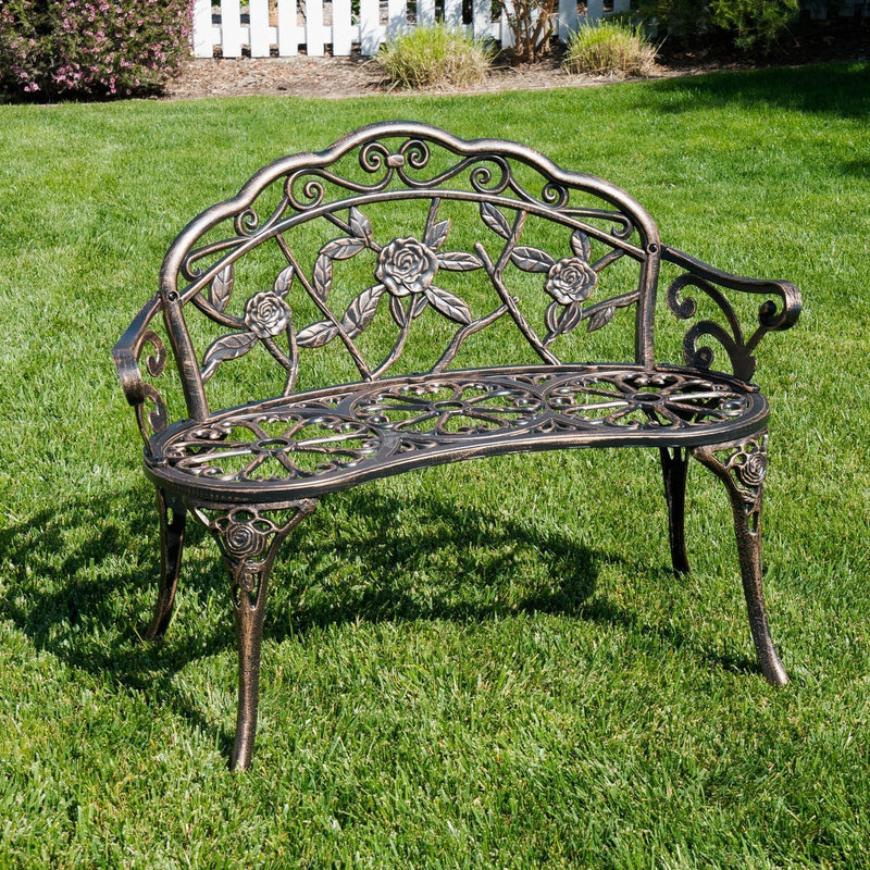 Belleze Antique Designed Rose Style Outdoor Patio Park Garden Bench Bronze Love Seat Cast Iron Backyard Porch Home Pool