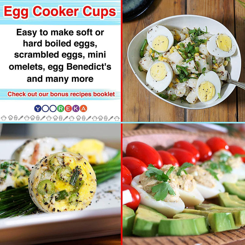 Silicone Egg Cooker Cups, Set of 6 Plus Recipes Booklet :: Nonstick for Easy Hard Boiled Eggs Without the Shell :: Makes Poached, Scrambled & Egg Bites Too :: Microwave & Dishwasher Safe,by Yooreka