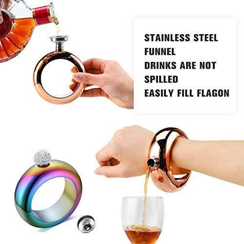 BOKIN Bracelet Bangle Flask 304 Stainless Steel Wine/Alcohol Wrist Flasket with Handmade Rhinestone Lid, Funnel in Gift Box For Women Girls Dance Birthday Party Club Bar 3.5oz Silver