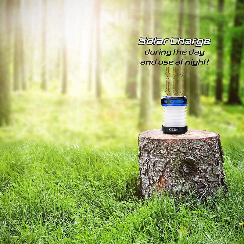 Kizen Solar Powered LED Camping Lantern - Solar or USB Chargeable, Collapsible Space Saving Design, Emergency Power Bank, Flashlight, Water Resistant.