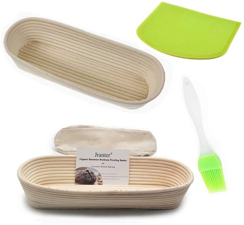 Banneton Bread Proofing Basket 8.5 inch Round Natural Rattan Cane Brotform with Linen Liner 2 Pack+ One Rubber Scraper+ One Silicone BBQ Brush by XUANNIAO