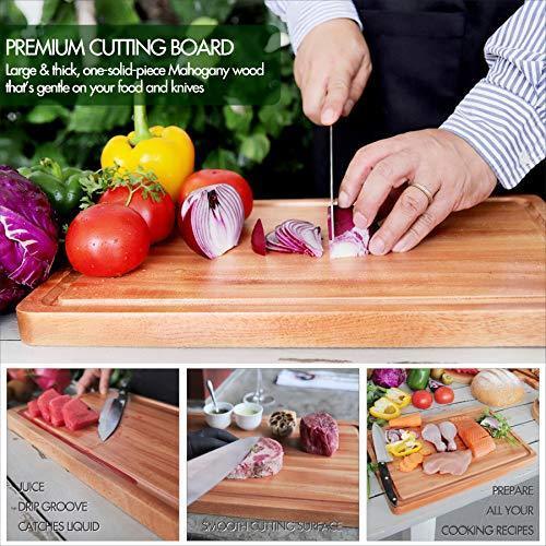 Super-Durable Mahogany Wood Cutting Board with Juice Drip Groove and Handle | 15.7 x 11 x 1.1" Thick Heavy Duty One-Piece Wooden Chopping Butcher Block Countertop - 5.5 lb