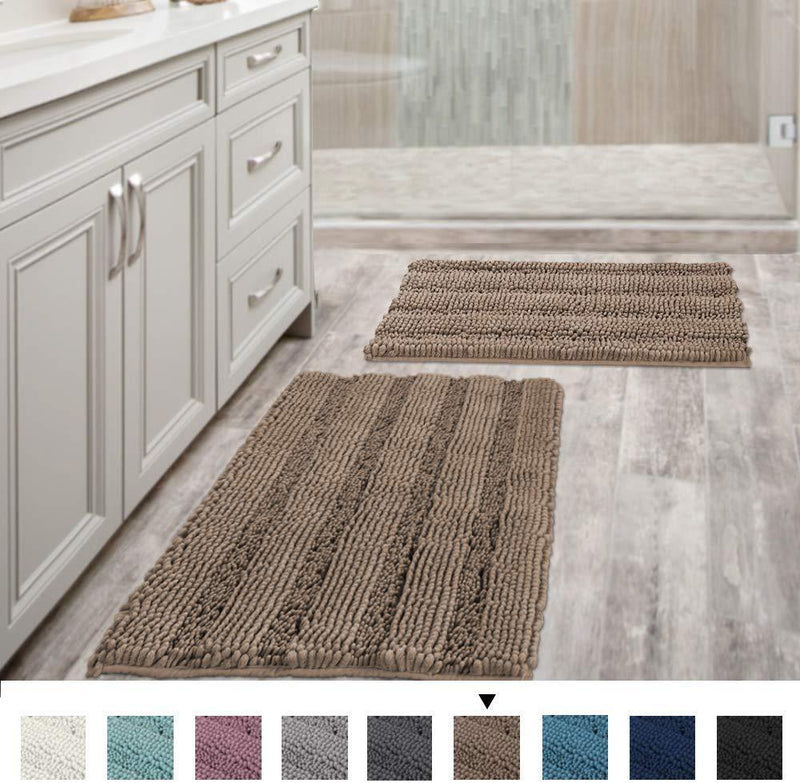 Office Marshal Grey Bath Mats for Bathroom Non Slip Ultra Thick and Soft Chenille Plush Striped Floor Mats Bath Rugs Set, Microfiber Door Mats for Kitchen/Living Room (Pack 2-20" x 32"/17" x 24")