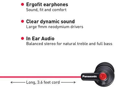 Panasonic ErgoFit In-Ear Earbud Headphones RP-HJE120-K (Black) Dynamic Crystal Clear Sound, Ergonomic Comfort-Fit