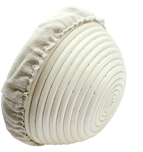 Banneton Bread Proofing Basket 8.5 inch Round Natural Rattan Cane Brotform with Linen Liner 2 Pack+ One Rubber Scraper+ One Silicone BBQ Brush by XUANNIAO