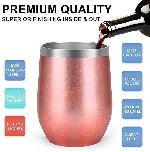 12 oz Double-Insulated Stemless Glass, Stainless Steel Tumbler Cup with Lids for Wine, Coffee, Drinks, Champagne, Cocktails, 2 Sets (Black)