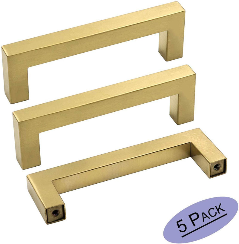 goldenwarm Gold Cabinet Pulls Square Kitchen Hardware Handles 10 Pack - LSJ12GD160 Brushed Brass Pulls for Cabinets Closet Square Cupboard Bathroom Desk Door Knobs 6-1/4in(160mm) Hole Centers