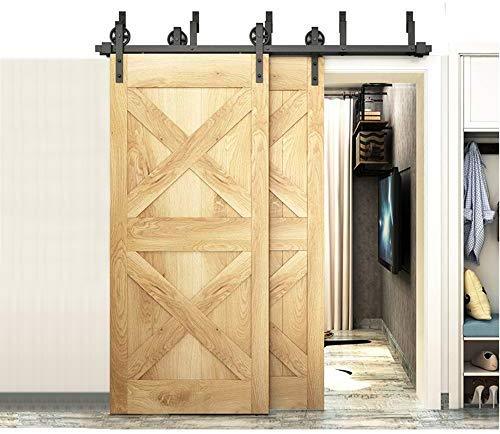 ZEKOO Rustic 6 FT by Pass Barn Doors Hardware Sliding Black Steel Big Wheel Roller Track for Double Wooden Doors