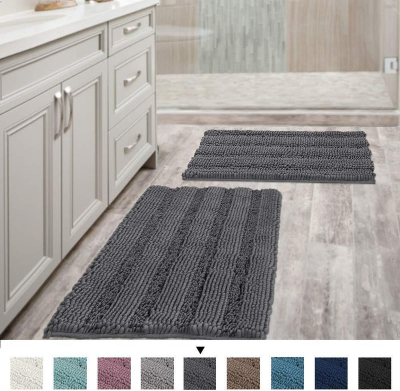 Office Marshal Grey Bath Mats for Bathroom Non Slip Ultra Thick and Soft Chenille Plush Striped Floor Mats Bath Rugs Set, Microfiber Door Mats for Kitchen/Living Room (Pack 2-20" x 32"/17" x 24")