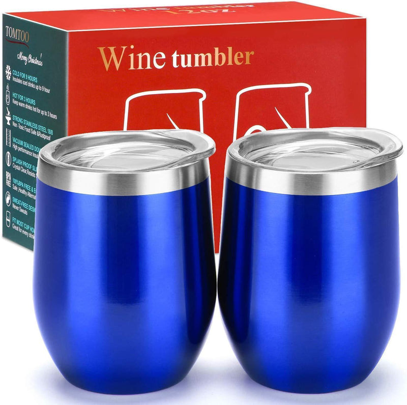 12 oz Double-Insulated Stemless Glass, Stainless Steel Tumbler Cup with Lids for Wine, Coffee, Drinks, Champagne, Cocktails, 2 Sets (Black)