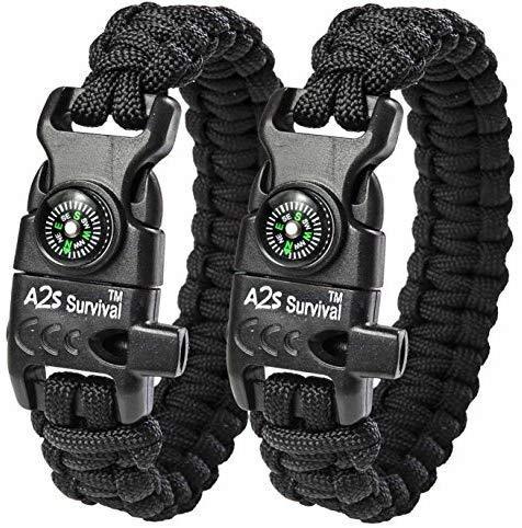 A2S Protection Paracord Bracelet K2-Peak – Survival Gear Kit with Embedded Compass, Fire Starter, Emergency Knife & Whistle EDC Hiking Gear- Camping Gear